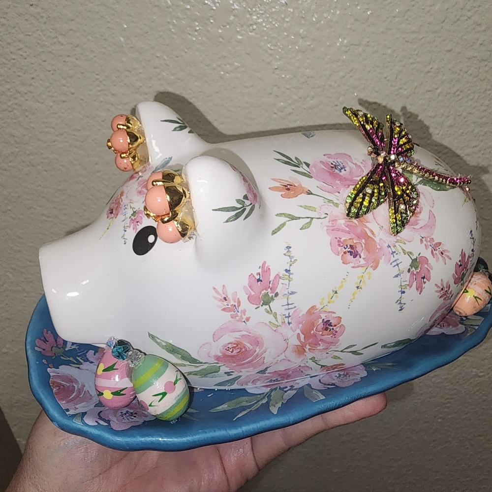 Hand Crafted Upcycled Floral " Spring Piggy "w Dragonfly Accent
